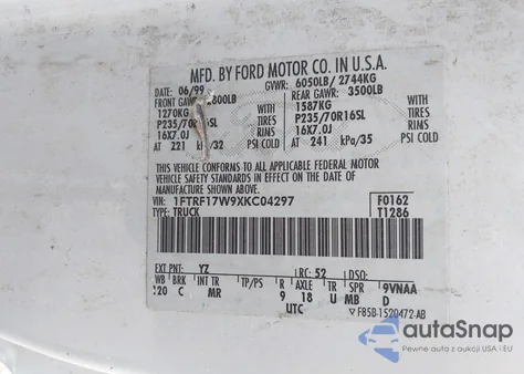 1999 Ford F-150 Lariat/Work Series/Xl/Xlt z USA, uszkodzony, nr VIN 1FTRF17W9XKC04297